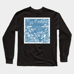 Seaside Linoprint of Sailing Boats and Blue Skies Long Sleeve T-Shirt